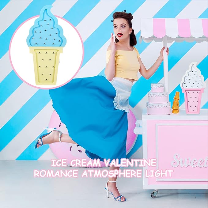 2 Pcs Ice Cream Valentine Romance Atmosphere Light Wooden Ice Cream LED Night Light Ice Cream Theme Valentine Romance Lamps Battery Operated LED Night Lights for Birthday Party Decor (Blue-Yellow) - LeafyLoom