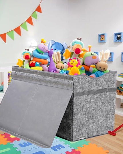 VICTOR'S Kids Toy Box Chest - Extra Large Lightweight Collapsible Toy Storage Organizer Boxes Bins Baskets for Kids, Boys, Girls, Nursery Room, Playroom, Closet (Linen Gray) - LeafyLoom