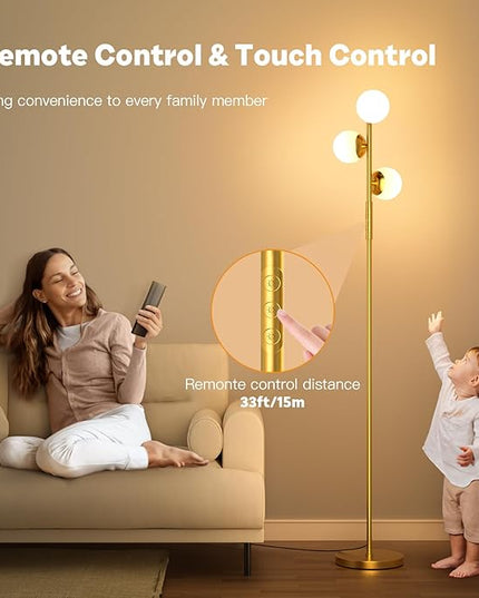 LED Floor Lamp for Living Room, 3 Globe Bright Standing Lamp with Remote, 4 Color Temterapure Dimmable Bedroom Lamp Modern Floor Lamp for Living Room Bedroom Office, 30W, 2700-6500K, Gold - LeafyLoom