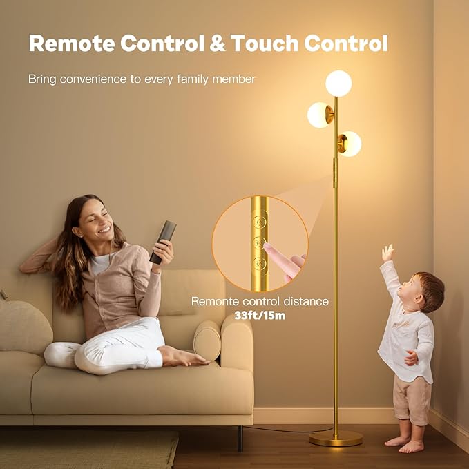 LED Floor Lamp for Living Room, 3 Globe Bright Standing Lamp with Remote, 4 Color Temterapure Dimmable Bedroom Lamp Modern Floor Lamp for Living Room Bedroom Office, 30W, 2700-6500K, Gold - LeafyLoom