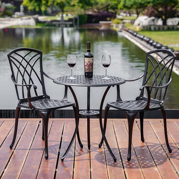 Bistro Set 3 Piece Outdoor,Cast Aluminum Outdoor Bistro Set,All Weather Bistro Table and Chairs Set of 2 with 1.97" Umbrella Hole,Patio Bistro Sets for Garden(Woven Black) - LeafyLoom