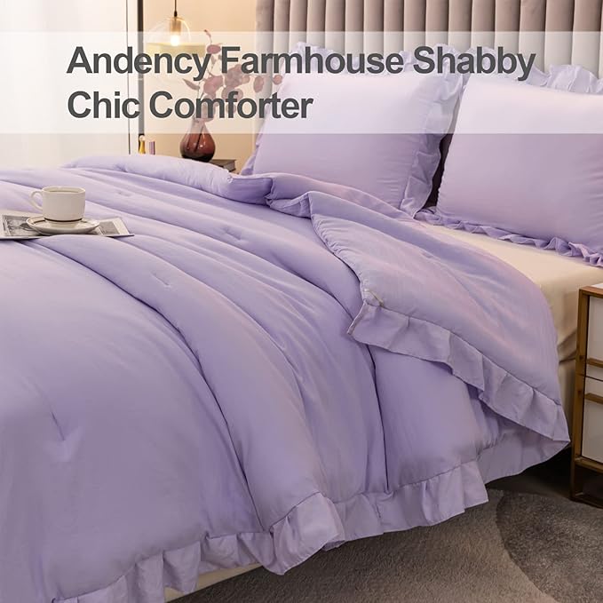 Andency Lavender Ruffle Comforter Full(79x90Inch), 3 Pieces(1 Ruffled Comforter and 2 Pillowcases) Solid Farmhouse Shabby Chic Comforter, Vintage Rustic Soft Microfiber Bedding Set - LeafyLoom