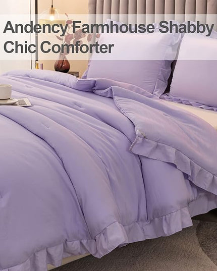 Andency Lavender Ruffle Comforter Queen(90x90Inch), 3 Pieces(1 Ruffled Comforter and 2 Pillowcases) Solid Farmhouse Shabby Chic Comforter, Vintage Rustic Soft Microfiber Bedding Set - LeafyLoom