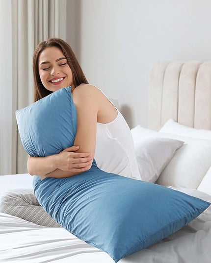 WhatsBedding Memory Foam Body Pillow with Breathable Zippered Cotton Cover, Full Body Pillow for Adults, Long Pillow for Sleeping, Firm Body Pillow Fluffy Supportive - Foggy Blue - LeafyLoom