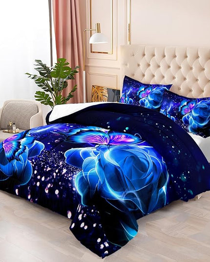 Galaxy Butterfly Comforter Set Queen Size for Girls Kids Adults Butterfly Rose Bedding Set Aesthetics Butterflies Quilt Bed Set with 1 Comforter and 2 Pillowcases - LeafyLoom