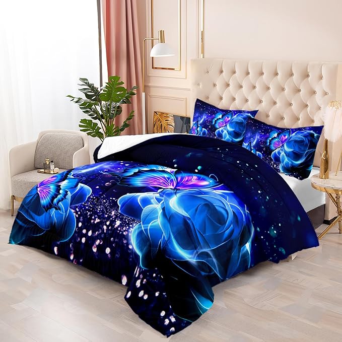 Galaxy Butterfly Comforter Set Full Size for Girls Kids Adults Butterfly Rose Bedding Set Aesthetics Butterflies Quilt Bed Set with 1 Comforter and 2 Pillowcases - LeafyLoom