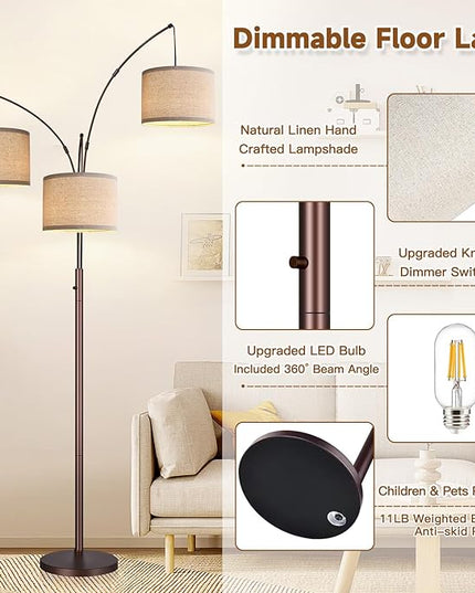Dimmable Floor Lamp, 3 Lights Brown Arc Floor Lamps for Living Room, Modern Tall Standing Tree Lamp with Beige Linen Shade & Heavy Base, Large Floor Lamp for Bedroom Office, 3x1000 LM Bulbs Included - LeafyLoom