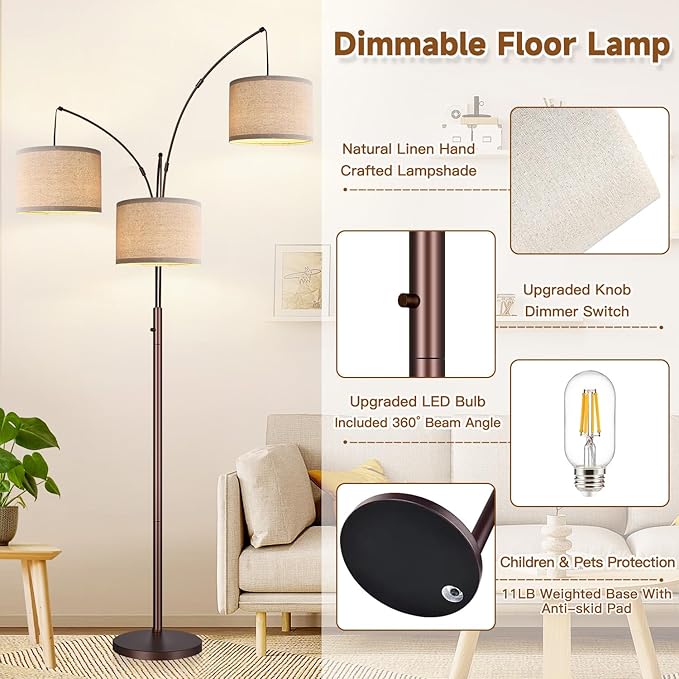 Dimmable Floor Lamp, 3 Lights Brown Arc Floor Lamps for Living Room, Modern Tall Standing Tree Lamp with Beige Linen Shade & Heavy Base, Large Floor Lamp for Bedroom Office, 3x1000 LM Bulbs Included - LeafyLoom