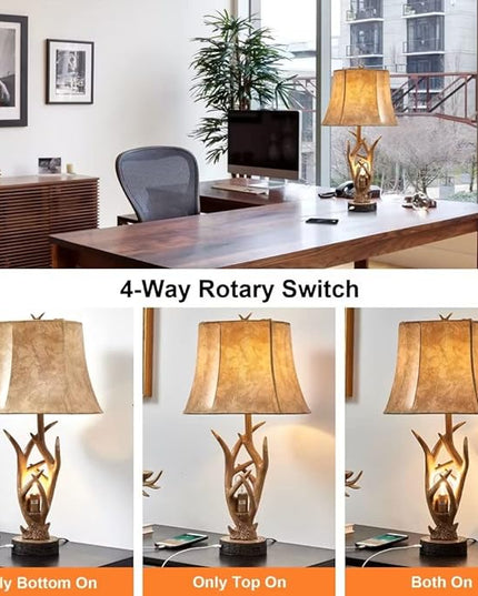 Dungoo Rustic Western Deer Table Lamps with Nightlight Set of 2, 26" Rustic Bedside Lamps for Bedroom with 2 USB Ports, Natural Antler Table Lamp for Christmas Living Room Gift Foyer Office - LeafyLoom