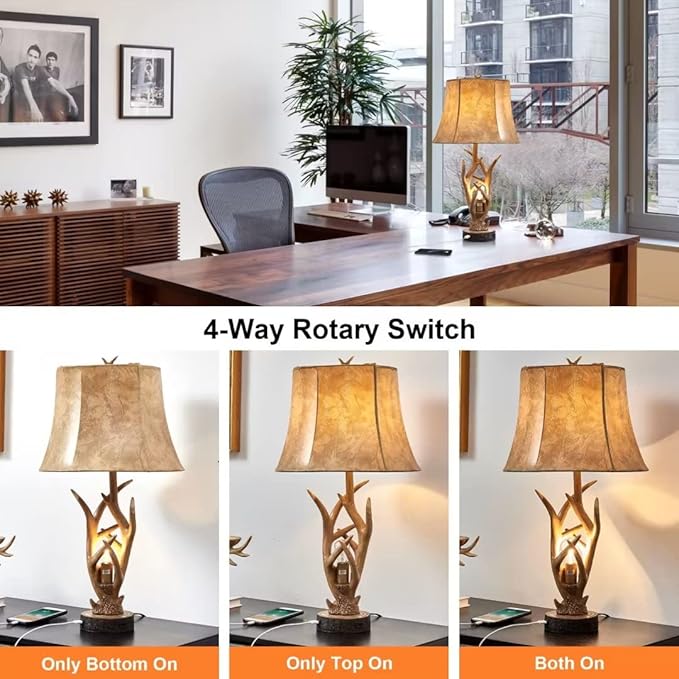 Dungoo Rustic Western Deer Table Lamps with Nightlight Set of 2, 26" Rustic Bedside Lamps for Bedroom with 2 USB Ports, Natural Antler Table Lamp for Christmas Living Room Gift Foyer Office - LeafyLoom
