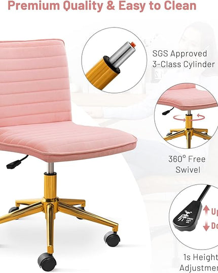 Furniliving Home Office Chair, Armless Vanity Chair with Wheels Swivel Velvet Computer Rolling Desk Chair with Back, Adjustable Accent Chair with Gold Metal Base Stool Chair,Pink - LeafyLoom