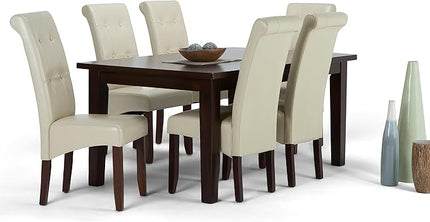 SIMPLIHOME Cosmopolitan Transitional 7 Pc Dining Set with 6 Upholstered Dining Chairs in Satin Cream Vegan Faux Leather and 66 Inch Wide Table, For the Dining Room and Kitchen - LeafyLoom