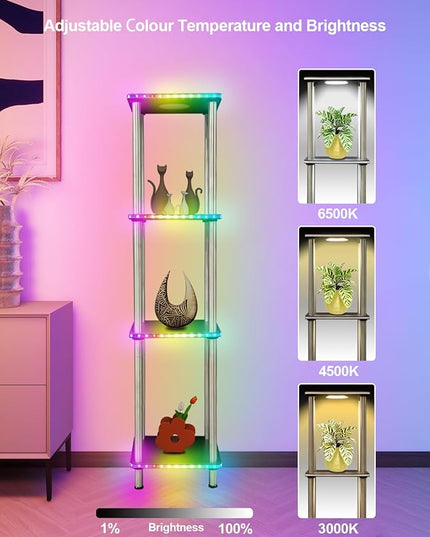 Kekeou RGBCW Floor Lamp with Shelves Tall Lamp Music Sync APP Control Standing Lamp with Wireless Charger & USB Port Color Changing Lamp with Shelves Work with Alexa Black 4 Tier - LeafyLoom