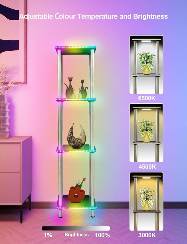 Kekeou RGBCW Floor Lamp with Shelves Tall Lamp Music Sync APP Control Standing Lamp with Wireless Charger & USB Port Color Changing Lamp with Shelves Work with Alexa Black 4 Tier - LeafyLoom