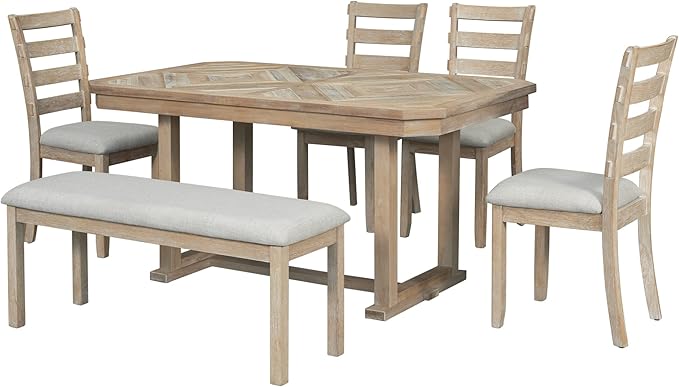 Merax 6-Piece Rubber Dining Table Set with 4 Cushioned Chairs and Bench, Beautiful Grain Pattern Tabletop, Natural Wood Wash - LeafyLoom
