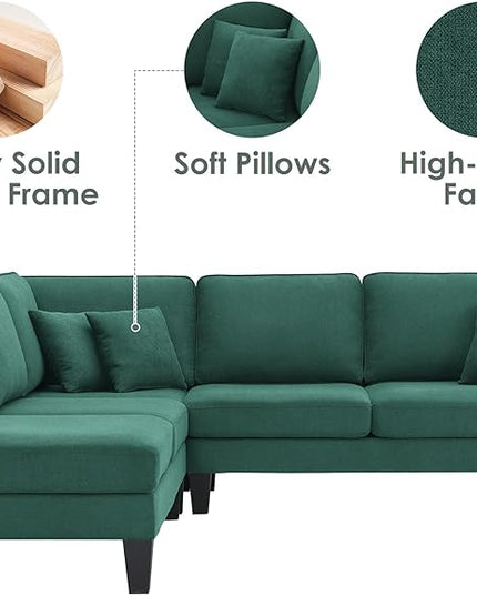 90" Modern L-Shape Sectional Sofa with Chaise Lounge,5-Seat Practical Couch Set W/ 3 Pillows,7''Leg Height,Minimalist Style,Indoor Furniture for Living Room Apartment Office,Green Terrycloth - LeafyLoom