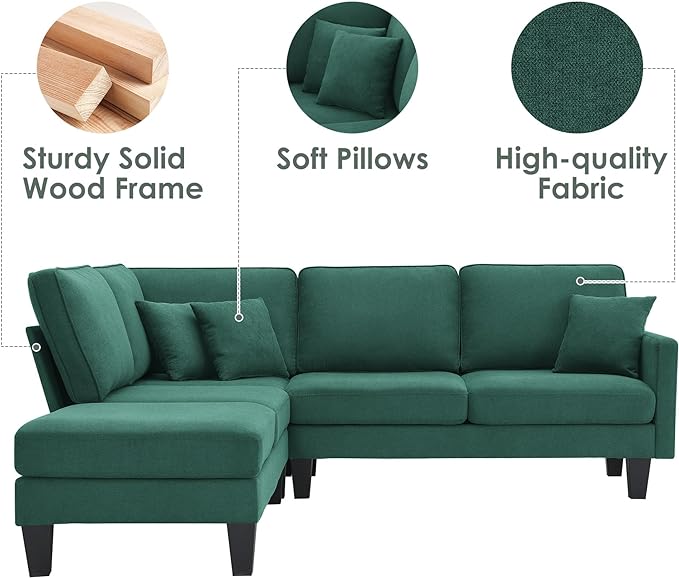 90" Modern L-Shape Sectional Sofa with Chaise Lounge,5-Seat Practical Couch Set W/ 3 Pillows,7''Leg Height,Minimalist Style,Indoor Furniture for Living Room Apartment Office,Green Terrycloth - LeafyLoom