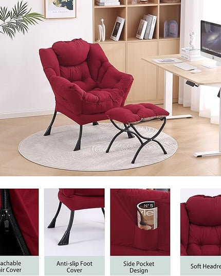 LITA Lazy Chair with Ottoman, Modern Accent Leisure Upholstered Sofa Chair, Contemporary Lounge Reading Chair with Armrests and a Side Pocket for Living Room, Bedroom & Small Space, Burgundy - LeafyLoom