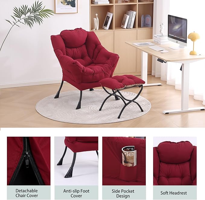 LITA Lazy Chair with Ottoman, Modern Accent Leisure Upholstered Sofa Chair, Contemporary Lounge Reading Chair with Armrests and a Side Pocket for Living Room, Bedroom & Small Space, Burgundy - LeafyLoom