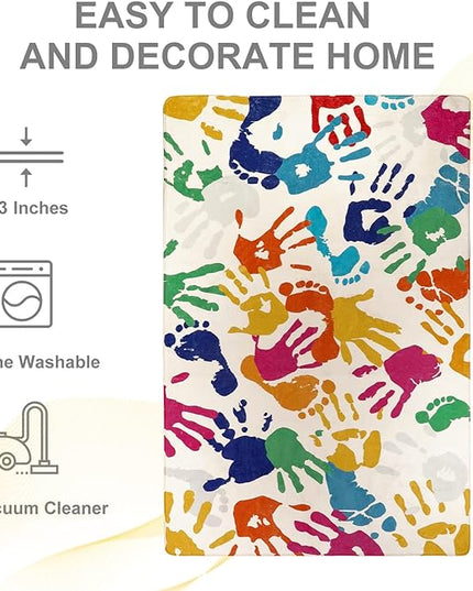 Large Colorful Kids Rug 6x9 Ft, Non-Slip Washable Rug for Classroom, Handprints and Footprints Rugs for Playroom, Soft Nursery Rug Indoor Play Mat for Kids Room Daycare School - LeafyLoom