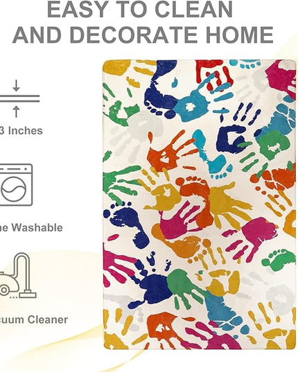 Large Kids Rug for Playroom, 8'x10' Handprints and Footprints Colorful Rug for Classroom, Non-Slip Washable Rug for Nursery, Soft Throw Carpet Indoor Playmat for Kids Room Dorm Bedroom - LeafyLoom