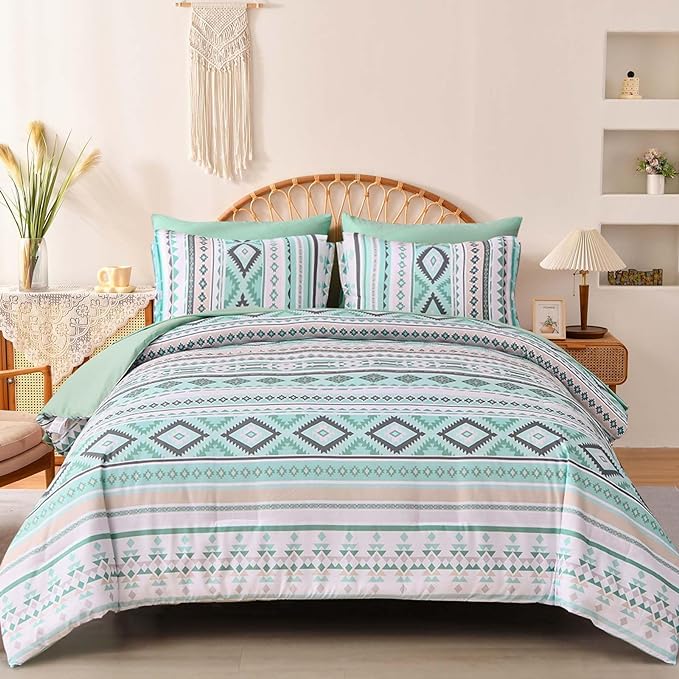 Dinjoy Boho King Size Bed in A Bag 7 Pieces,Sage Green Comforter Set Aztec Striped Bedding Set Bohemian Patchwork Complete Set Geometric Pattern Comforters for Women Men 90"×104" - LeafyLoom