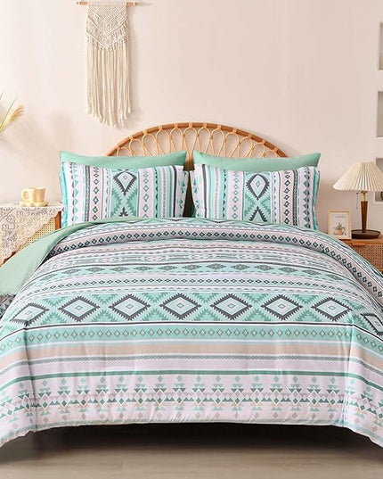 Dinjoy Sage Green Boho Comforter Set Queen Size,7 Pieces Bed in a Bag Queen Light Green Aztec Bedding Sets with Sheets Bohemian Geometric Striped Complete Set for All Seasons 90"x90" - LeafyLoom