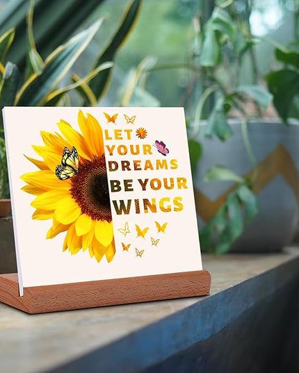 TIKTREE Inspirational Gifts for Women, Let Your Dreams Be Your Wings Positive Sign, Sunflower Motivational Gifts, Cheer Up Gifts for Women, Home Office Desk Decor with Wood Base - LeafyLoom