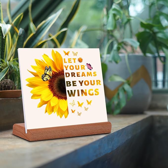 TIKTREE Inspirational Gifts for Women, Let Your Dreams Be Your Wings Positive Sign, Sunflower Motivational Gifts, Cheer Up Gifts for Women, Home Office Desk Decor with Wood Base - LeafyLoom