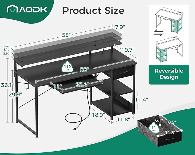 AODK Computer Desk with Keyboard Tray, 55 Inch Gaming Desk with Power Outlet, Office Desk with Drawer, Reversible Desk with Adjustable Monitor Shelf and Storage Shelf for Home, Black - LeafyLoom