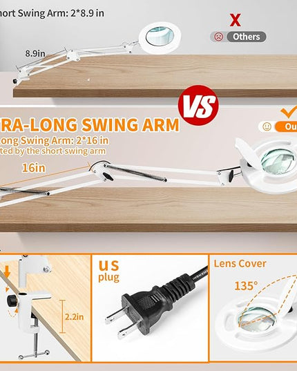 HITTI 10X Long Magnifying Glass with Light and Stand, 2200 Lumens Dimmable Bright Workbench Light, Ajustable Swing Arm LED Lighted Magnifier, Magnifying Lamp with Clamp for Hobby Repair Craft - White - LeafyLoom