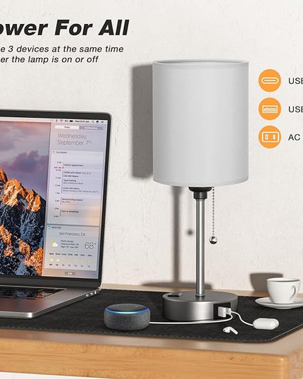 Dicoool Grey Bedroom Lamp for Nightstand - 3 Color Temperature Table Lamp with USB C and A Ports, Pull Chain Bedside Lamp with AC Outlet, Desk Lamp with Silver Metal Base for Kids Girls - LeafyLoom