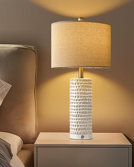 PORTRES 24" Bedside Lamps Table Lamp for Bedroom, 3-Way Dimmable Touch Nightstand Lamp, Farmhouse Ceramic White Lamp for Living Room End Table Lamps with USB C+A Ports (1 Pack) - LeafyLoom