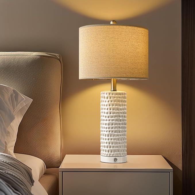 PORTRES 24" Bedside Lamps Table Lamp for Bedroom, 3-Way Dimmable Touch Nightstand Lamp, Farmhouse Ceramic White Lamp for Living Room End Table Lamps with USB C+A Ports (1 Pack) - LeafyLoom