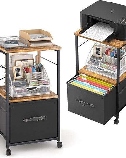 VECELO File Cabinet, Rolling Printer Stand with Large Fabric Drawer, Storage Cabinet Fits Letter Size, Ideal for Small Spaces, Apartments and Bedroom, Easy to Install, Brown+Black,2 Set - LeafyLoom