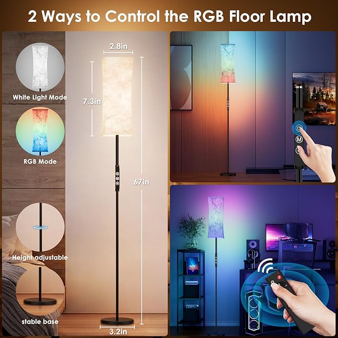 2PC RGB Corner Floor Lamp - 67” Modern Tall Standing LED Light with Remote Touch Switch - 1800K-5500K Ambiance Color Changing Dimmable Floor Lamps for Living Room Bedroom Office Gaming Room NEW - LeafyLoom