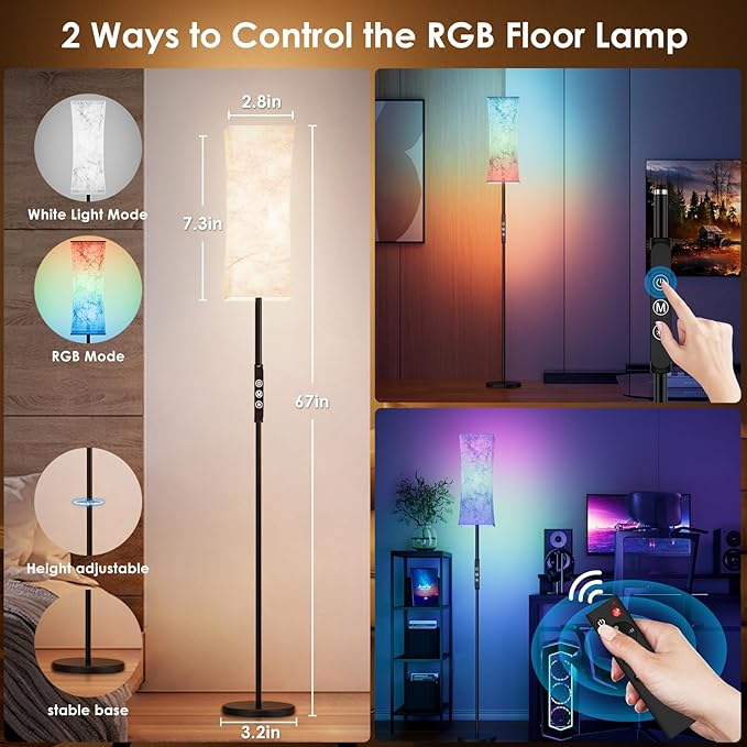 RGB Corner Floor Lamp - 67” Modern Tall Standing LED Light with Remote Touch Switch - 1800K-5500K Ambiance Color Changing Dimmable Floor Lamps for Living Room Bedroom Office Gaming Room New - LeafyLoom