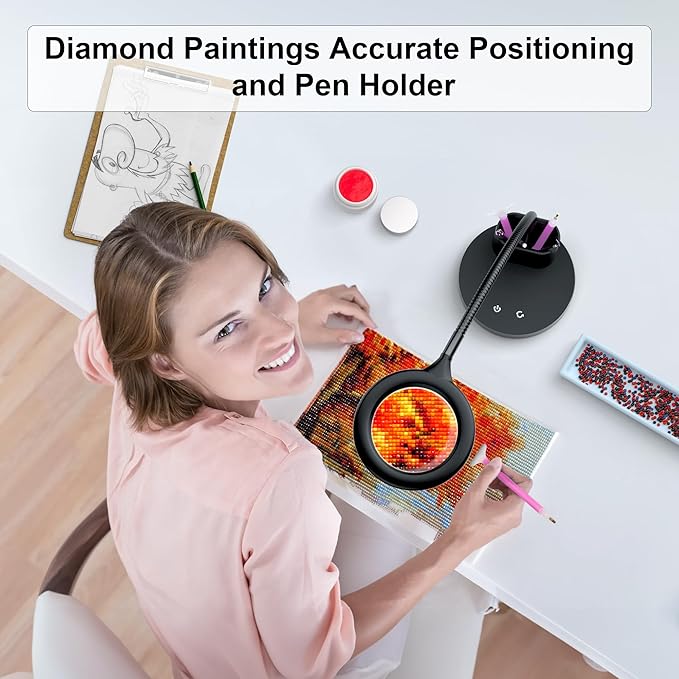 5X Magnifying Glass with Light, Lighted Magnifying Glass with Stepless Dimmable Pen Holder, Diamond Painting Accessories for Close Work Diamond Painting Accessories Crafts - LeafyLoom