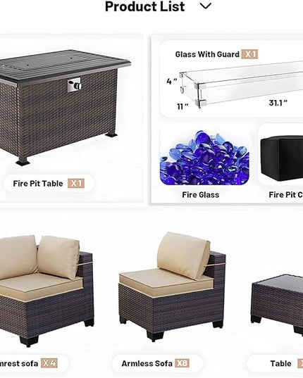 Kullavik 15 Pieces Outdoor Patio Furniture Set with 43" 55000BTU Gas Propane Fire Pit Table PE Wicker Rattan Sectional Sofa Patio Conversation Sets,Khaki - LeafyLoom