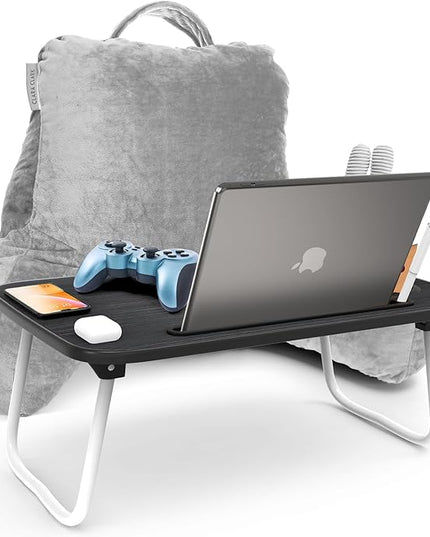 Clara Clark Reading Pillow with Portable Lap Desk Set for Kids, Back Pillow for Sitting Up in Bed, Memory Foam Back Support Pillow, Bed Rest Pillow with Foldable Laptop Desk, Small - Light Grey - LeafyLoom