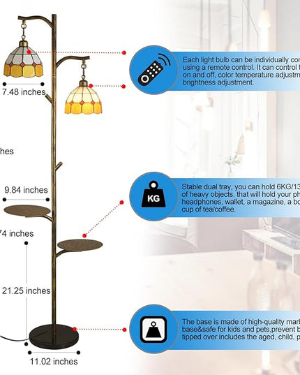 Tiffany Style Stained Glass Retro Floor Lamp with Tray,Dimmable Led Floor Lamps, Custom Color Temperature Standing Lamp with Remote for Living Room and Bedroom,Painted Bronze - LeafyLoom