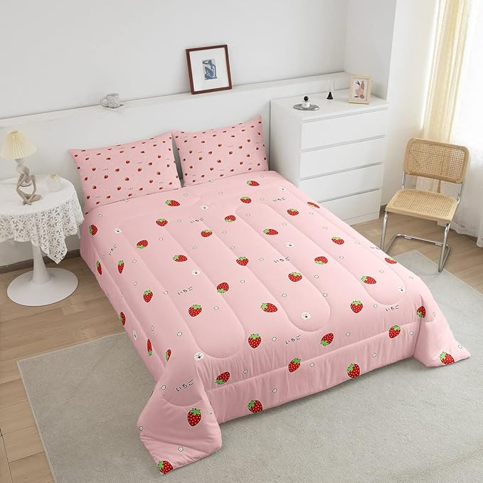 Kawaii Bedding, Pink Strawberry Decor Comforter Set Full, for Women Girls Kids Kawaii Room Decor, Cute Strawberry Duvet Set Reversible Cute Kawaii Strawberry Quilt Duvet Set with 2 Pillowcases - LeafyLoom