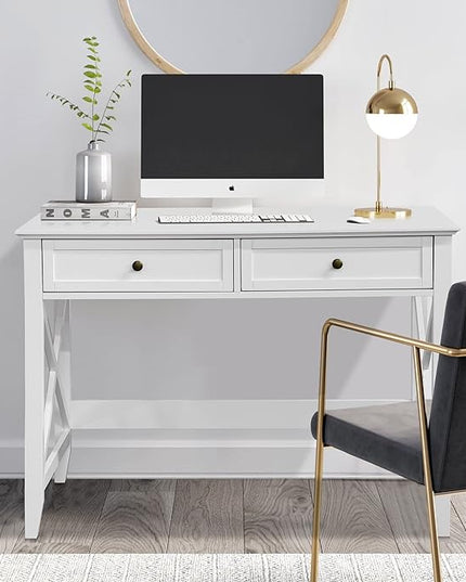 White Computer Desk with 2 Drawers, Modern Makeup Vanity Desk with Storage, Writing Desk for Home Office, 42'' Long Study Simple White Desk for Bedroom Console Table Living Room - LeafyLoom