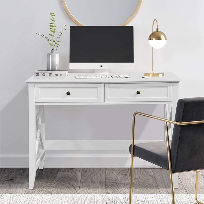 White Computer Desk with 2 Drawers, Modern Makeup Vanity Desk with Storage, Writing Desk for Home Office, 42'' Long Study Simple White Desk for Bedroom Console Table Living Room - LeafyLoom