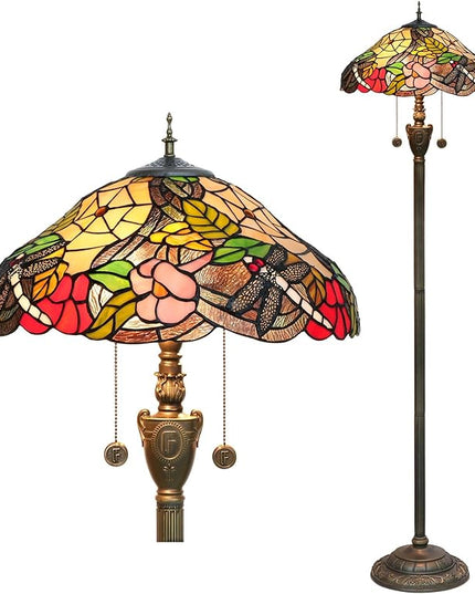 Tiffany Floor Lamp Dragonfly Style Spider Web Stained Glass for Living Room Bedroom Office Bright Lighting Rustic Corner Deco Standing Tall Vintage Unique Pull Chan Reading Aesthetic Lamps - LeafyLoom