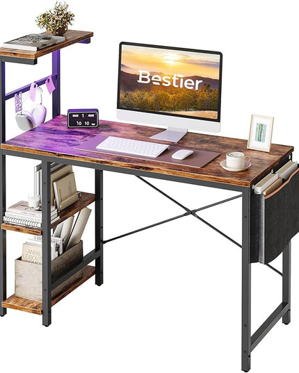 Bestier Computer Desk with LED lights, Gaming Desk with 4 Tier Shelves, 44 Inch Office Desk with Storage Bag & Printer Shelf (Rustic Brown) - LeafyLoom
