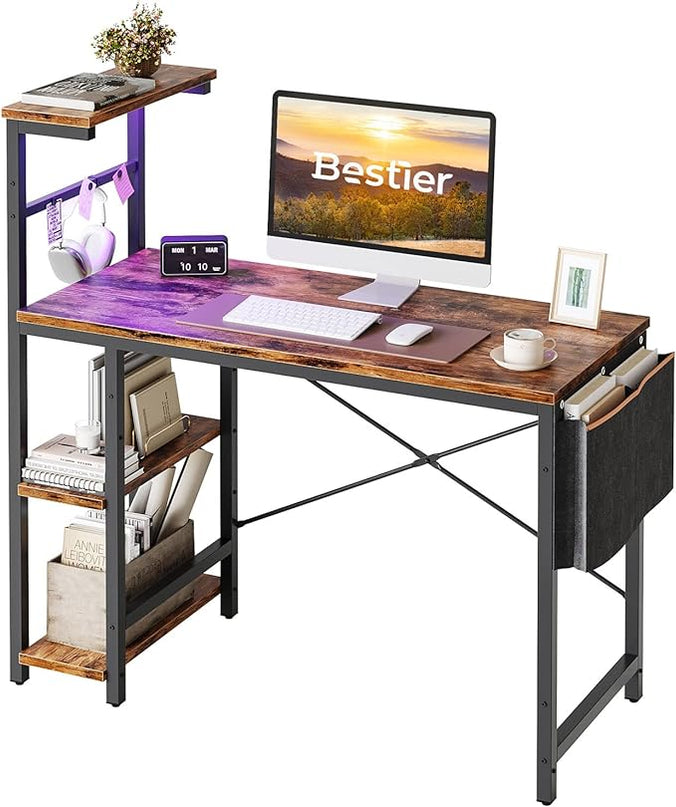 Bestier Computer Desk with LED lights, Gaming Desk with 4 Tier Shelves, 44 Inch Office Desk with Storage Bag & Printer Shelf (Rustic Brown) - LeafyLoom