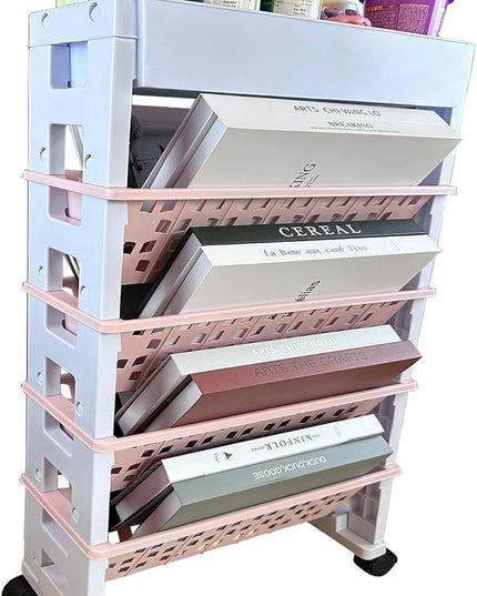 5 Tier Rolling Utility Book Cart, Movable Bookshelf Organizer with Wheels, Storage Book Shelves, Book Rack for Study in Classroom School Office, White-Pink - LeafyLoom