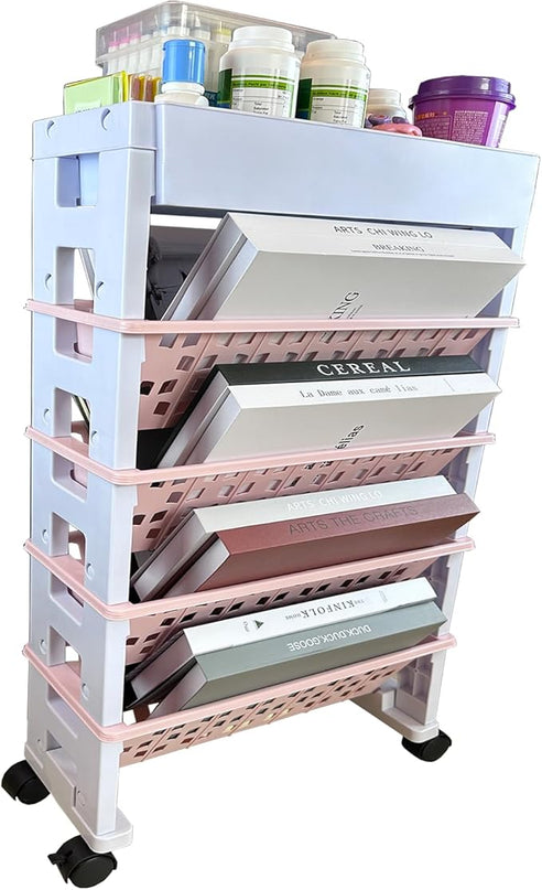 5 Tier Rolling Utility Book Cart, Movable Bookshelf Organizer with Wheels, Storage Book Shelves, Book Rack for Study in Classroom School Office, White-Pink - LeafyLoom