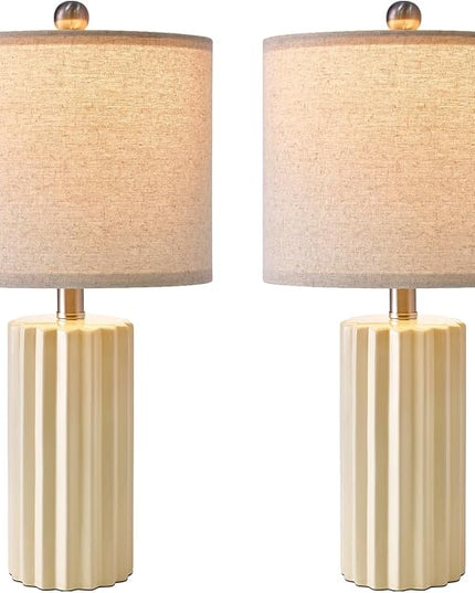 Oneach 21'' Farmhouse Ceramic Table Lamp Set of 2 for Bedroom Living Room House Decor Off-White Desk Lamps Home Office Dorm Rustic Modern Style Lamp - LeafyLoom